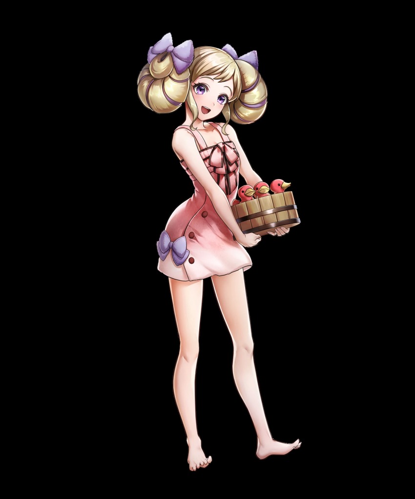 1girl, bare_legs, bare_shoulders, barefoot, blonde_hair, breasts, bucket, dress