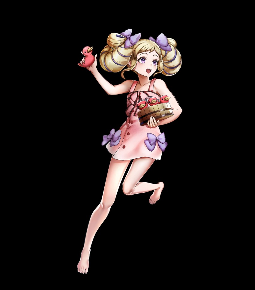 1girl, bare_legs, bare_shoulders, barefoot, blonde_hair, breasts, bucket, dress