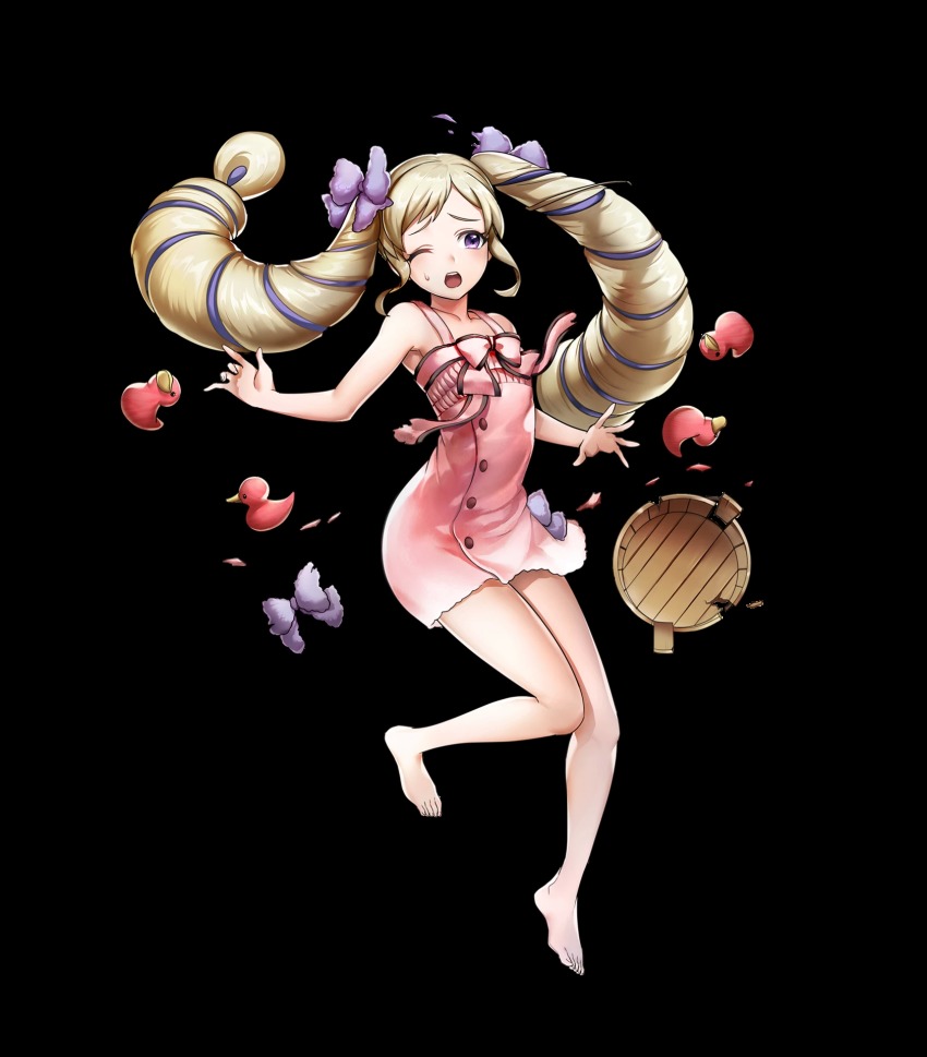 1girl, bare_legs, bare_shoulders, barefoot, blonde_hair, breasts, bucket, dress