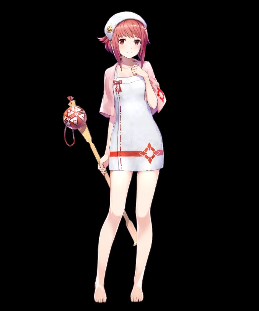 1girl, amagai_tarou, bare_legs, barefoot, breasts, dress, feet, female_focus, fire_emblem, fire_emblem_fates, fire_emblem_heroes, full_body, highres, holding, nintendo, official_art, pink_hair, red_eyes, sakura_(fire_emblem), sakura_(hostile_springs)_(fire_emblem), short_dress, short_hair, sidelocks, small_breasts, solo, standing, toes, towel, towel_around_neck, towel_on_head, transparent_background