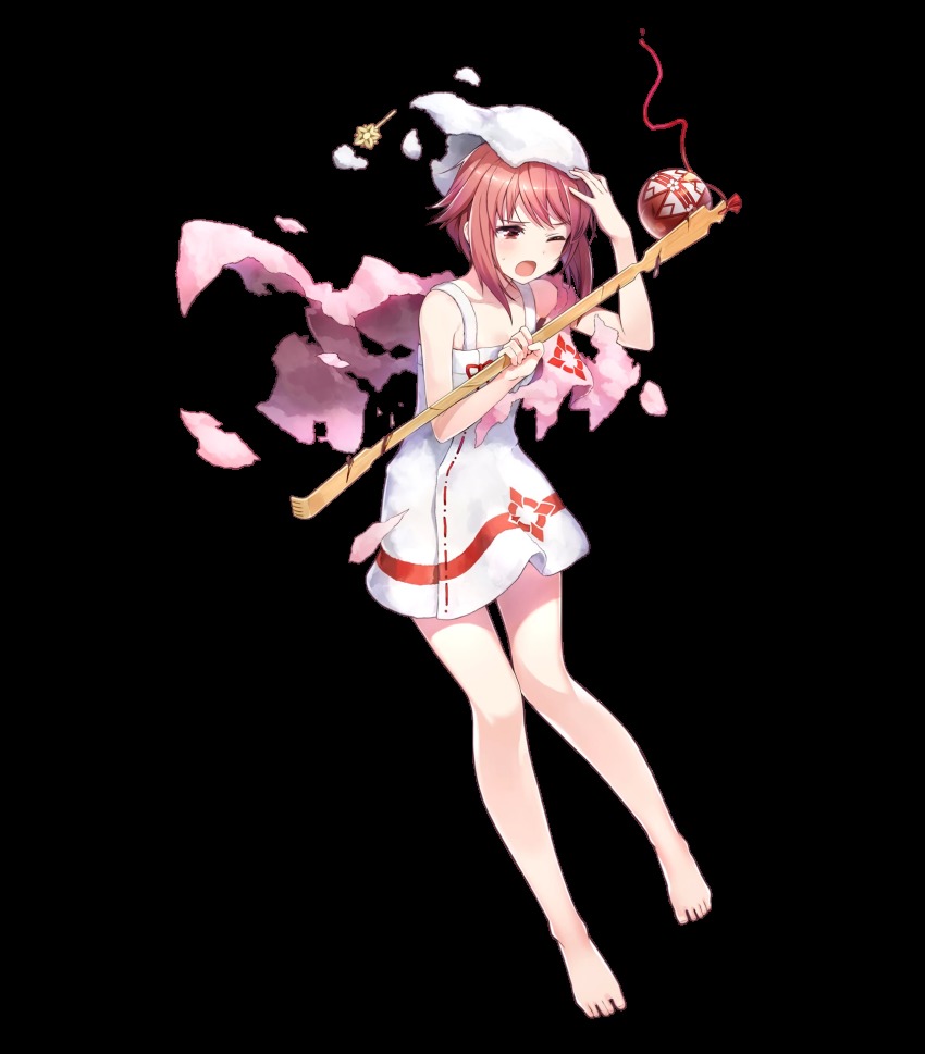 1girl, amagai_tarou, bare_legs, barefoot, breasts, dress, feet, female_focus