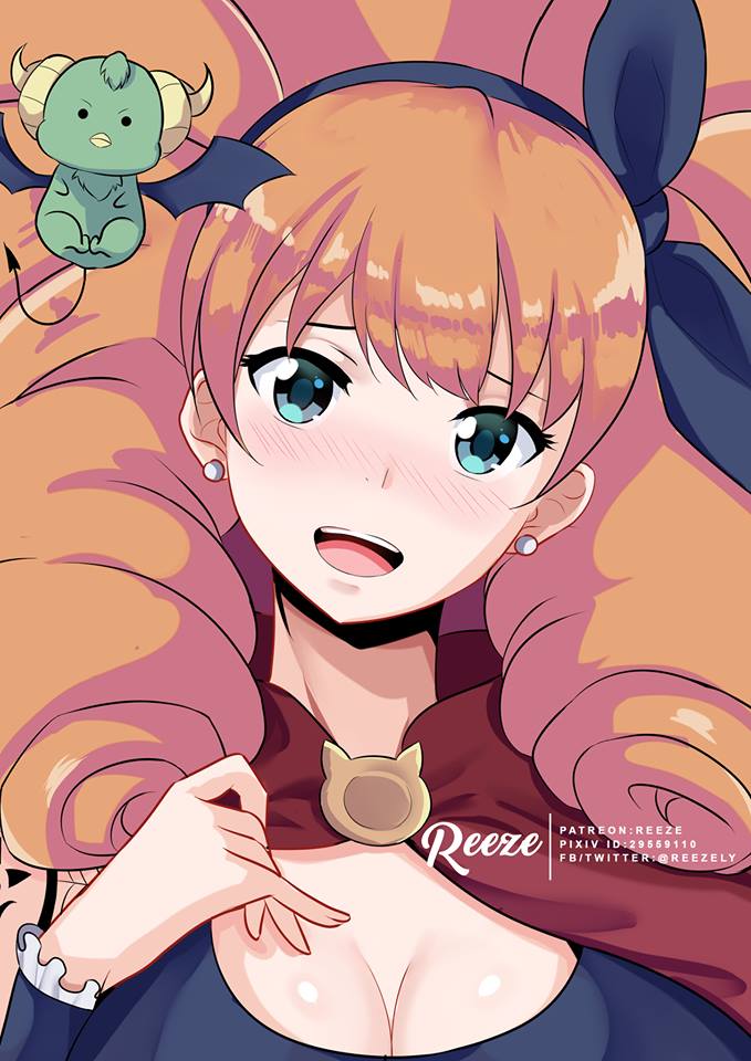 1girl, artist_name, big_hair, black_hairband, blue_eyes, blush, breasts, cleavage, demon_wings, drill_hair, earrings, female_focus, hairband, head_tilt, jewelry, large_breasts, long_hair, looking_at_viewer, melie, open_mouth, orange_hair, portrait, radiant, reeze_(reezely), solo, stud_earrings, wings