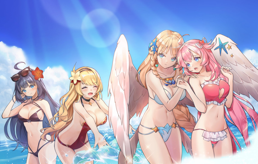 4girls, :d, :o, ^_^, ahoge, angel_wings, artemia_(king's_raid), aselica_(king's_raid)