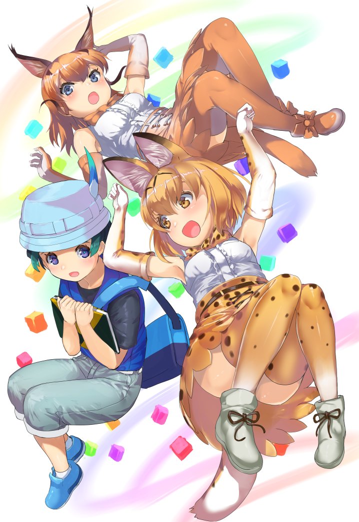 :o, animal_ears, animal_print, bag, belt, blonde_hair, blouse, blue_eyes, blue_vest, bow, bowtie, caracal_(kemono_friends), commentary_request, cross-laced_clothes, elbow_gloves, extra_ears, gloves, green_hair, hat_feather, high-waist_skirt, holding, kemono_friends, kemono_friends_2, kyururu_(kemono_friends), long_hair, looking_at_another, multicolored_gloves, open_mouth, print_gloves, print_legwear, print_neckwear, print_skirt, serval_(kemono_friends), servum, shirt, short_hair, short_sleeves, shoulder_bag, sketchbook, skirt, sleeveless, sleeveless_shirt, tadano_magu, tail, thighhighs, traditional_bowtie, vest, white_gloves, yellow_eyes, yellow_legwear, yellow_neckwear, yellow_skirt