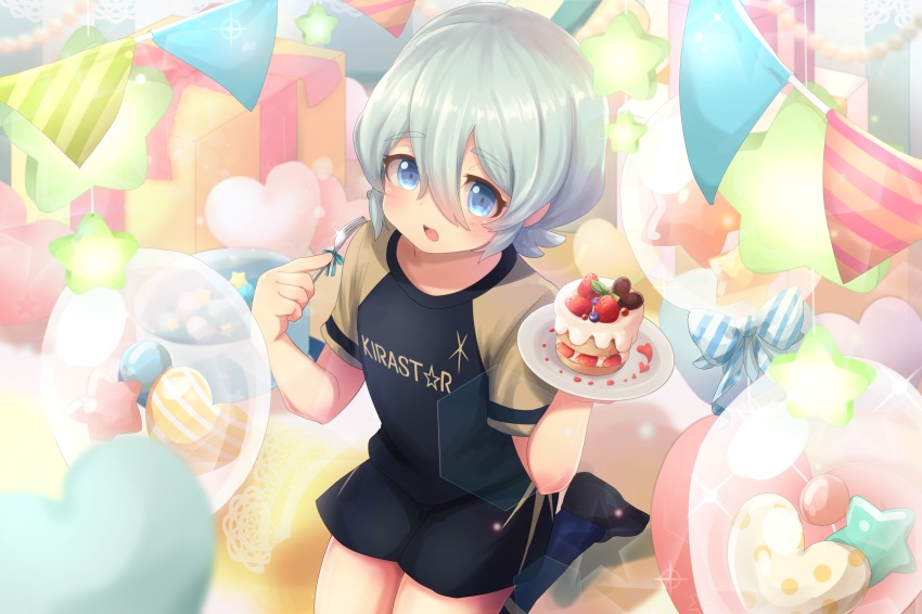 1boy, absurdres, bad_id, bad_pixiv_id, blue_eyes, blue_hair, blush, food