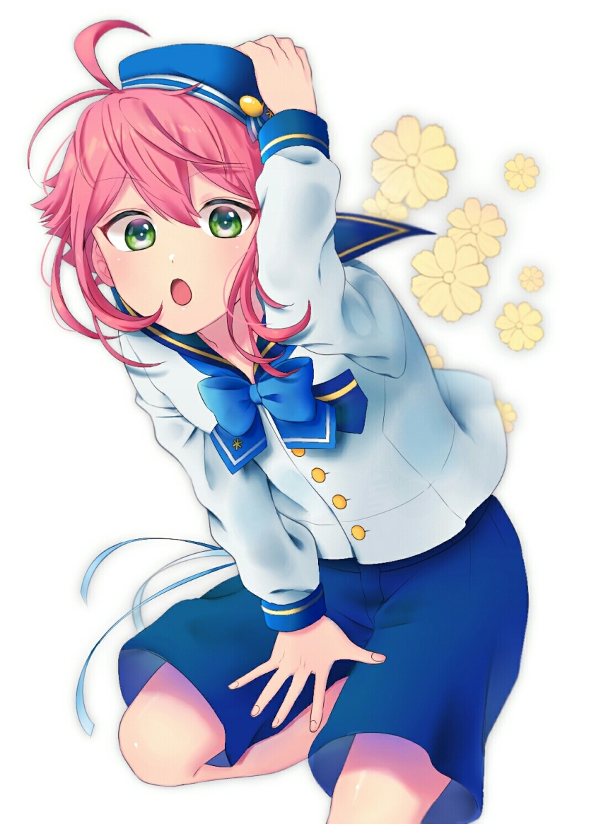 1boy, :o, ahoge, blush, chiba_(satochikasmart), ensemble_stars!, green_eyes, hat, highres, himemiya_tori, holding, holding_unworn_clothes, holding_unworn_hat, looking_at_viewer, male_focus, open_mouth, pink_hair, ribbon, sailor_collar, school_uniform, shorts, sidelocks, simple_background, solo, unworn_hat, unworn_headwear, white_background