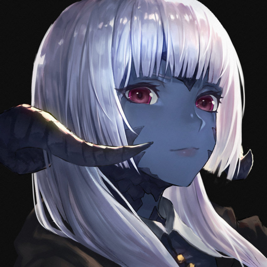 1girl, absurdres, au_ra, black_background, black_jacket, blue_shirt, blue_skin, closed_mouth