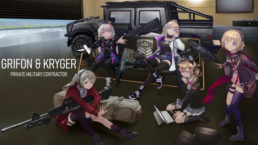 5girls, 6ml, aa-12, aa-12_(girls'_frontline), absurdres, animal_ear_headphones, animal_ears, assault_rifle