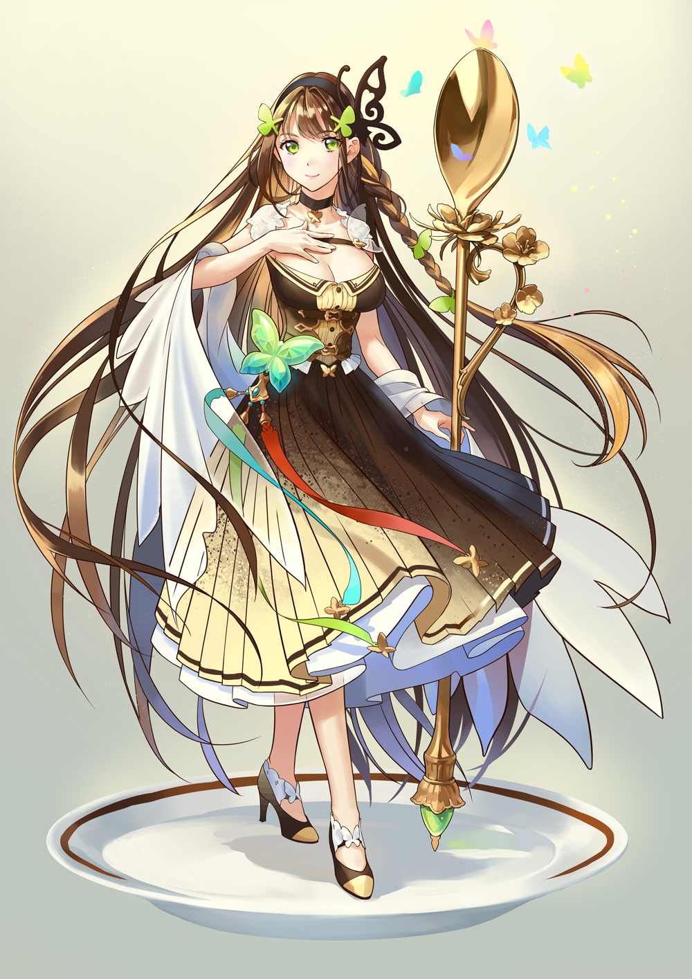 1girl, bad_id, bad_pixiv_id, black_hairband, breasts, brown_choker, brown_dress, brown_footwear