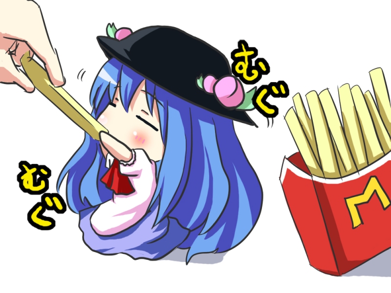1girl, bad_id, bad_pixiv_id, blue_hair, blush, chibi, closed_eyes, darkside, darkside_(pixiv98115), female_focus, food, french_fries, fruit, hat, hinanawi_tenshi, leaf, long_hair, mcdonald's, mini_person, minigirl, peach, solo, touhou, translated