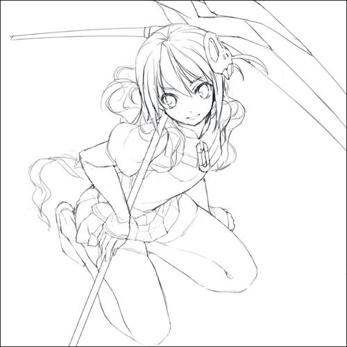 1girl, female_focus, greyscale, haqua_d'rot_herminium, kami_no_mizoshiru_sekai, kami_nomi_zo_shiru_sekai, lowres, mizuki_makoto, monochrome, scythe, sketch, skull, solo