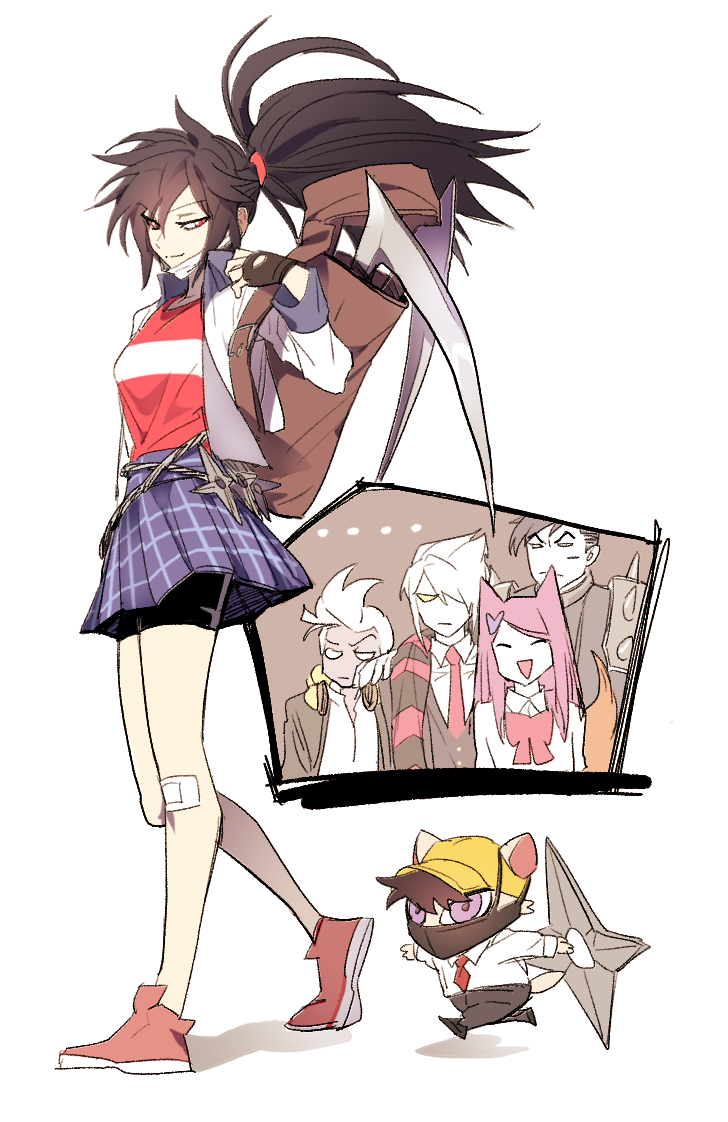 academy_ahri, academy_darius, academy_ekko, academy_vladimir, ahri_(league_of_legends), akali, akali_(redesign), backpack, bag, bandaid, bandaid_on_knee, bandaid_on_leg, black_gloves, black_hair, black_surgical_mask, bow, brown_hair, darius_(league_of_legends), ekko_(league_of_legends), fingernails, gloves, hair_ornament, hat, headphones, headphones_around_neck, heart, heart_hair_ornament, holding, holding_weapon, kennen, league_of_legends, long_hair, mask, medium_hair, mouth_mask, pink_hair, purple_eyes, red_bow, red_eyes, scarf, short_hair, shuriken, sickle, simple_background, skirt, smile, spikes, striped_clothes, striped_scarf, surgical_mask, vladimir_(league_of_legends), walking, weapon, white_background, white_eyes, white_hair, yellow_eyes, yellow_hat, zaket07