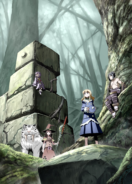 1boy, 3girls, atlus, black_hair, blonde_hair, blue_eyes, bushidou_(sekaiju), bushidou_1_(sekaiju), curse_maker, curse_maker_2, doctor_magus, doctor_magus_2, etrian_odyssey, forest, gunner_(sekaiju), gunner_2_(sekaiju), hat, multiple_girls, nature, pet_(sekaiju), pet_1_(sekaiju), ruins, sitting, skirt, takahata_yuki, teeth, tiger, yellow_eyes