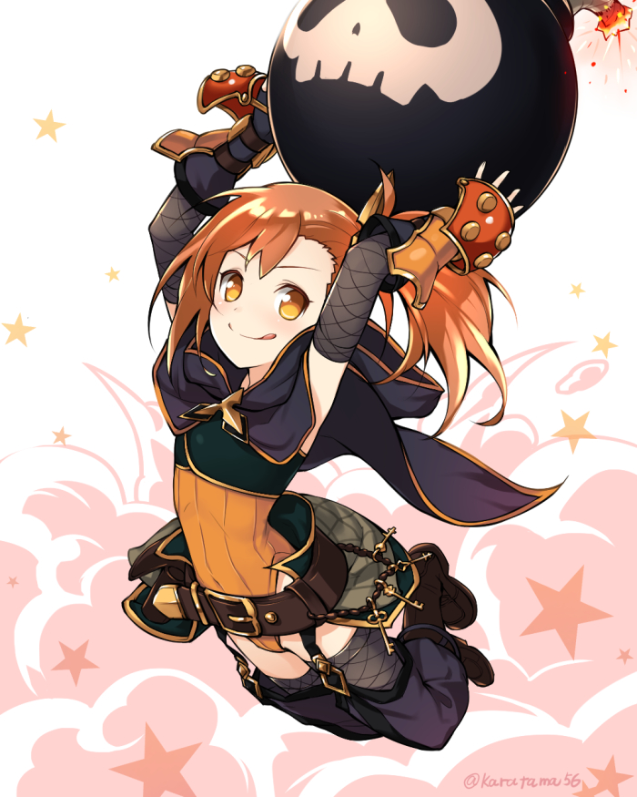 1girl, arms_up, bomb, boots, brown_boots, commentary_request, explosion, explosive