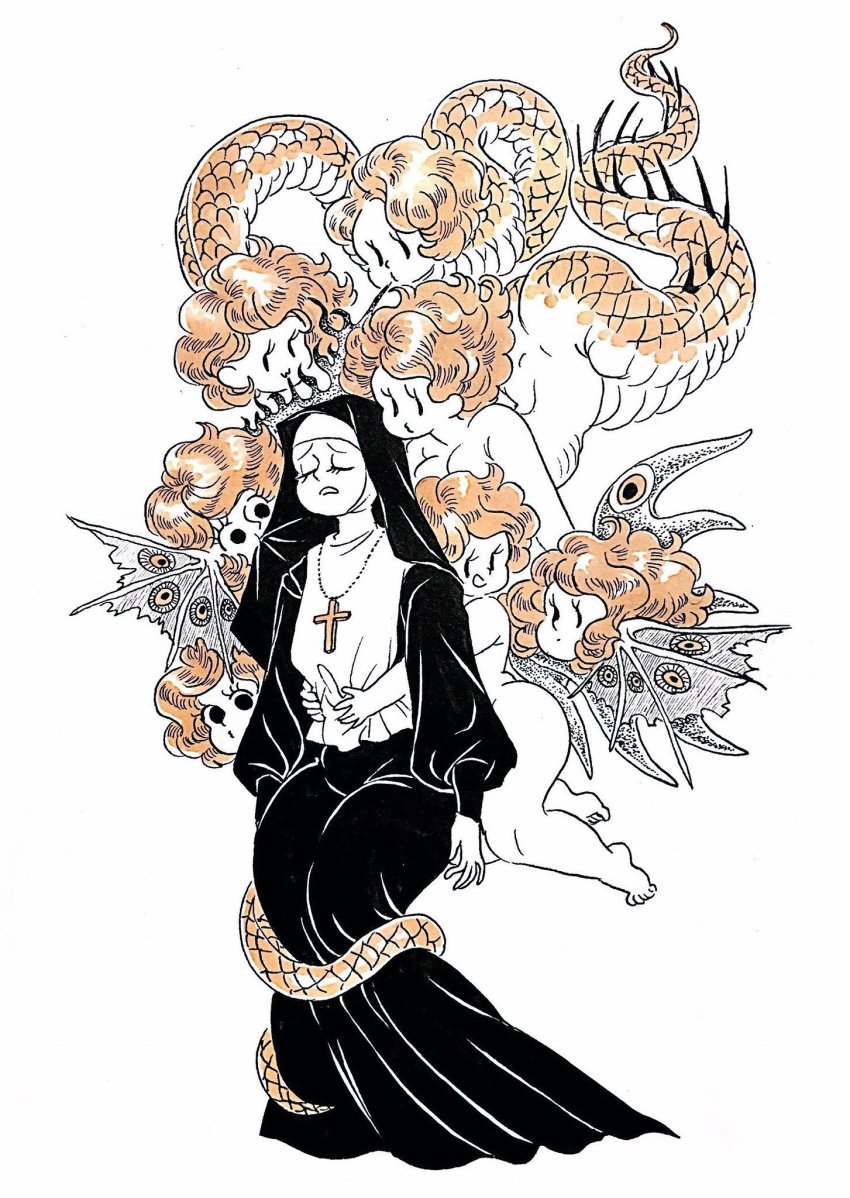 6+girls, :3, arms_at_sides, black_eyes, closed_eyes, cross, cross_necklace, curvy