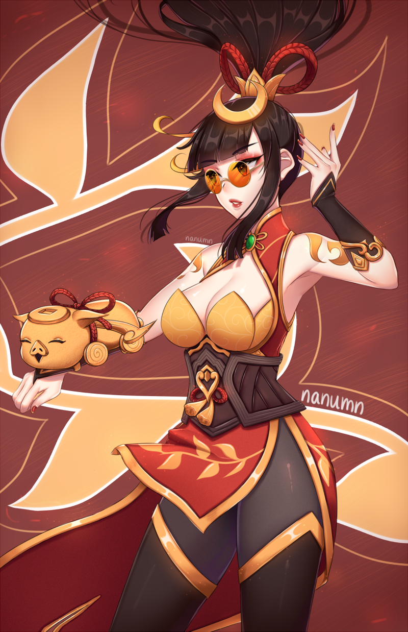 1girl, armpits, artist_name, black_hair, breasts, china_dress, chinese_clothes, cleavage