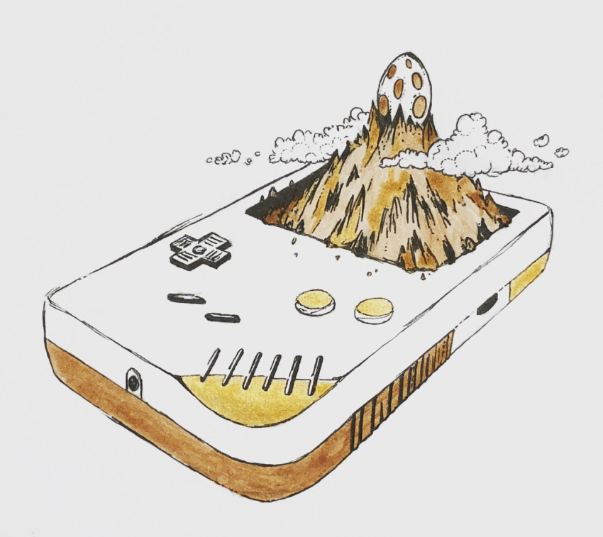 cloud, egg, game_boy, game_boy_(original), handheld_game_console, limited_palette, mountain, nintendo, no_humans, simple_background, the_legend_of_zelda, the_legend_of_zelda:_link's_awakening, traditional_media, white_background, willowstration