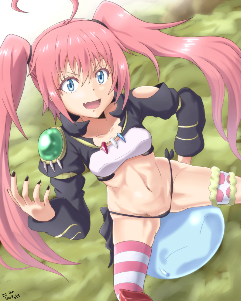 ahoge, asymmetrical_legwear, black_nails, black_panties, blue_eyes, breasts, girl_on_top, hand_on_own_hip, looking_at_viewer, midriff, milim_nava, nail_polish, navel, open_mouth, panties, pink_hair, revealing_clothes, rimuru_tempest, samenoido, side-tie_panties, sitting, sitting_on_person, slime_(creature), small_breasts, spread_legs, standing, tensei_shitara_slime_datta_ken, thighhighs, underwear, uneven_legwear
