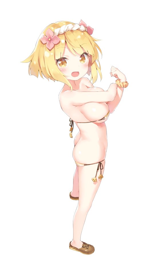 1girl, :d, ass, bare_arms, bare_shoulders, bikini, blonde_hair, blush