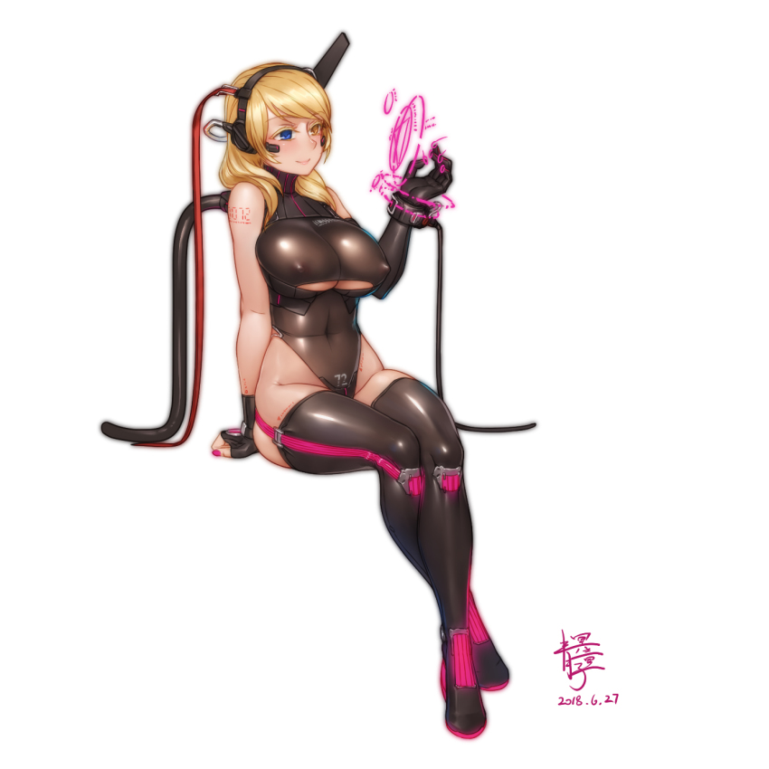 1girl, alternate_costume, asymmetrical_gloves, black_gloves, black_leotard, black_thighhighs, blonde_hair, blue_eyes