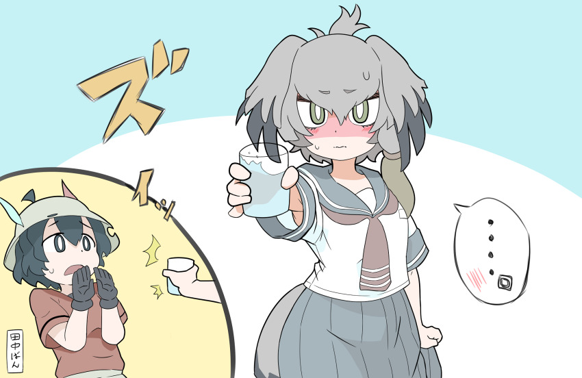 ..., 2girls, 2koma, ^^^, alternate_costume, bare_arms, bird_tail, bird_wings