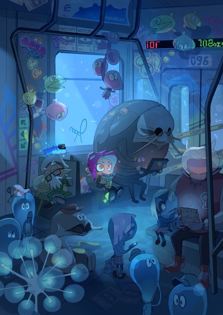 alexandra_nyerges, boots, cap'n_cuttlefish, cellphone, glasses, gusoku-san, handheld_game_console, hat, highres, inkling, jellyfish_(splatoon), jersey, magazine_(object), nintendo, octarian_(enemy), octoling, octoling_player_character, octotrooper, phone, pointy_ears, purple_hair, seat, sitting, skirt, splatoon_(series), splatoon_2, splatoon_2:_octo_expansion, suitcase, sunglasses, tentacle_hair, tentacles, train, train_interior, walking, window