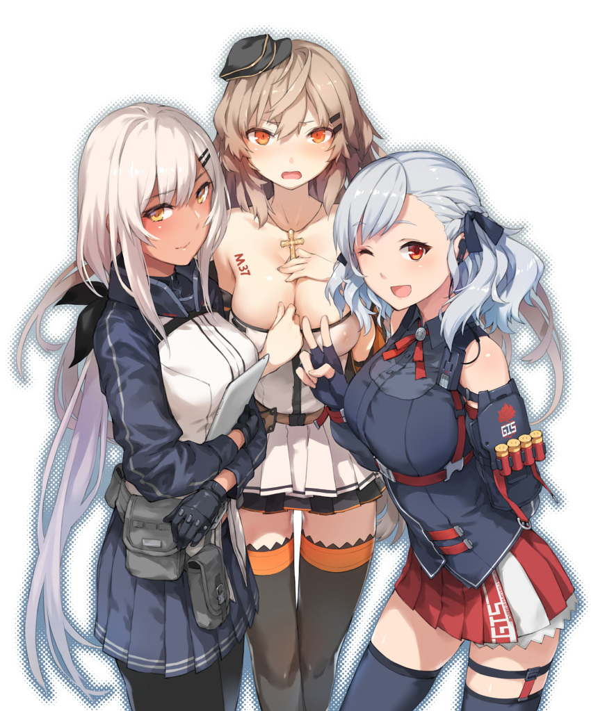3girls, ;d, ammunition, armband, bare_shoulders, black_gloves, black_legwear, black_ribbon, blush, body_writing, breasts, brown_hair, cleavage, collarbone, cross, cross_necklace, dark-skinned_female, dark_skin, girls'_frontline, gloves, hair_ornament, hair_ribbon, hairclip, hat, highres, jacket, jewelry, large_breasts, long_hair, looking_at_viewer, m37_(girls'_frontline), m590_(girls'_frontline), medium_breasts, multiple_girls, necklace, one_eye_closed, open_clothes, open_jacket, open_mouth, orange_eyes, pantyhose, pelated_skirt, red_eyes, ribbon, shotgun_shell, sidelocks, skirt, smile, spas-12_(girls'_frontline), thigh_strap, thighhighs, twintails, v, very_long_hair, white_hair, yellow_eyes, zen_juraku