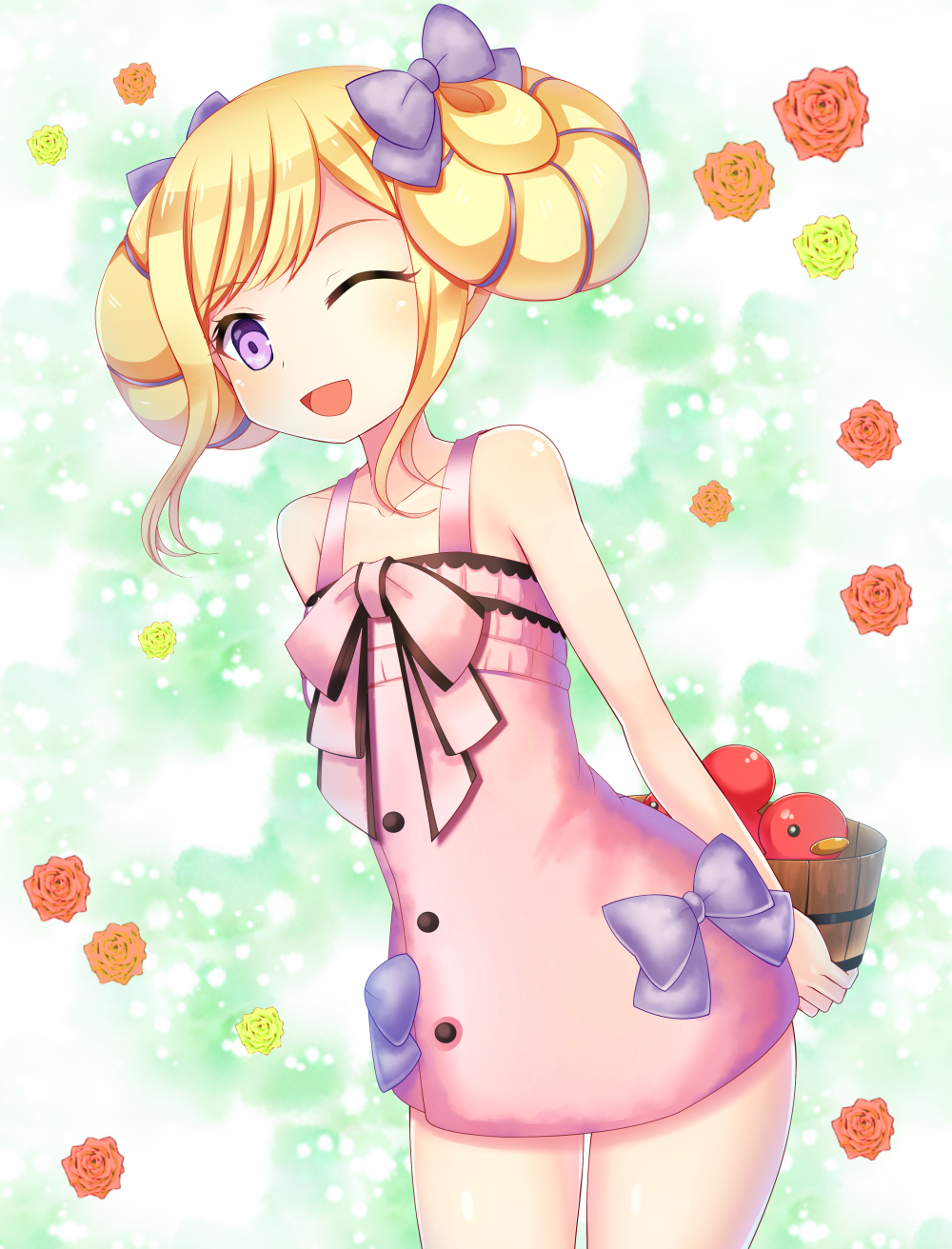1girl, bare_shoulders, blonde_hair, bow, bucket, buttons, dress, elise_(fire_emblem)