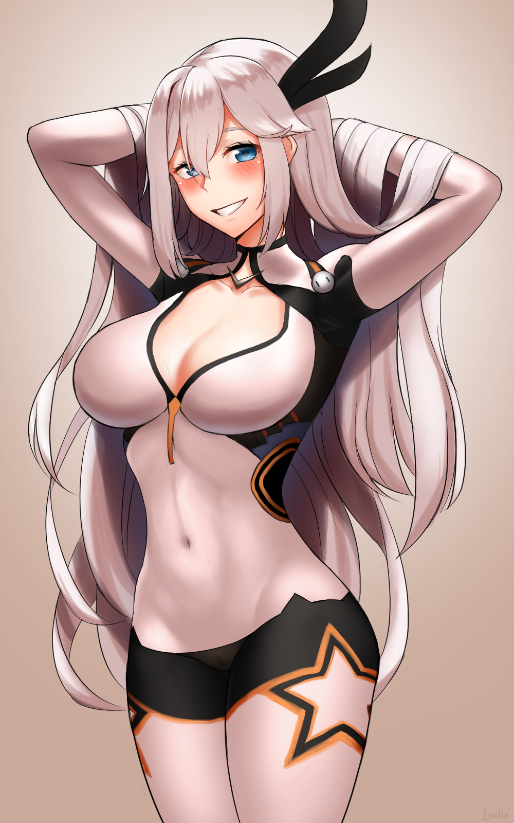 1girl, 1nilla', arms_behind_head, arms_up, blue_eyes, blush, breasts, brown_background, cecilia_schariac, cleavage, cosplay, covered_navel, female_focus, grin, highres, honkai_(series), honkai_impact_3rd, kiana_kaslana, kiana_kaslana_(cosplay), kiana_kaslana_(white_comet), large_breasts, long_hair, looking_at_viewer, silver_hair, smile, solo, standing, star_(symbol), teeth, very_long_hair