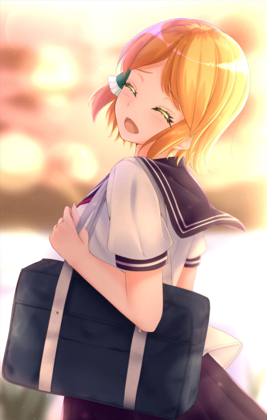 1girl, :d, bag, blonde_hair, blurry, blurry_background, bookbag, cowboy_shot