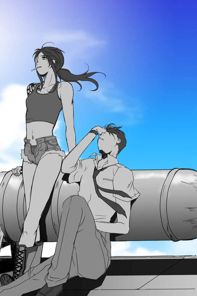 00s, 1boy, 1girl, black_lagoon, day, denim, denim_shorts, legs, long_hair, midriff, monochrome, navel, necktie, okajima_rokuro, open_fly, ponytail, revy_(black_lagoon), shirt, short_shorts, shorts, sky, spot_color, tank_top, tattoo, unzipped, wind, yonomori_mayu