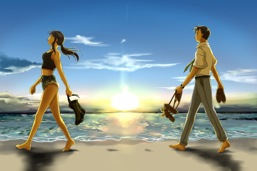 00s, 1boy, 1girl, artistic_error, barefoot, beach, black_lagoon, boots, brown_eyes, brown_hair, cigarette, cloud, day, denim, denim_shorts, feet, gun, gun_holster, holding, holding_boots, holding_footwear, holding_shoes, holding_unworn_clothes, holster, lace-up_boots, legs, long_hair, necktie, okajima_rokuro, outdoors, revy_(black_lagoon), shirt, shoes, short_shorts, shorts, sky, slice_of_life, sunset, tank_top, unworn_boots, unworn_shoes, water, weapon, yonomori_mayu