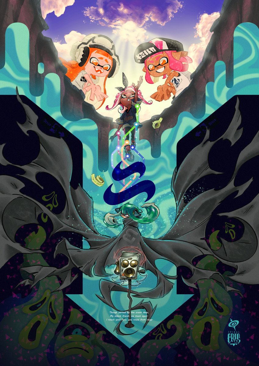 4girls, agent_3_(splatoon), agent_8_(splatoon), arm_up, bandana, baseball_cap, cloak, cloud