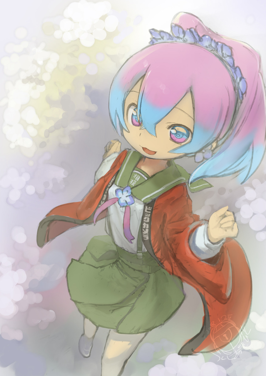 1girl, artist_name, blue_eyes, blue_hair, blush, breasts, dated, female_focus, green_skirt, highres, long_sleeves, looking_at_viewer, medium_breasts, multicolored_eyes, multicolored_hair, open_mouth, original, pink_eyes, pink_hair, ponytail, sagami-tan, sailor_collar, school_uniform, short_hair, short_ponytail, sketch, skirt, smile, solo, suspender_skirt, suspenders, tsukushi_akihito