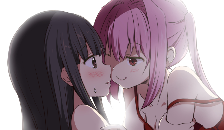 2girls, ;q, absurdres, bad_id, bad_pixiv_id, bare_shoulders, black_hair, blush