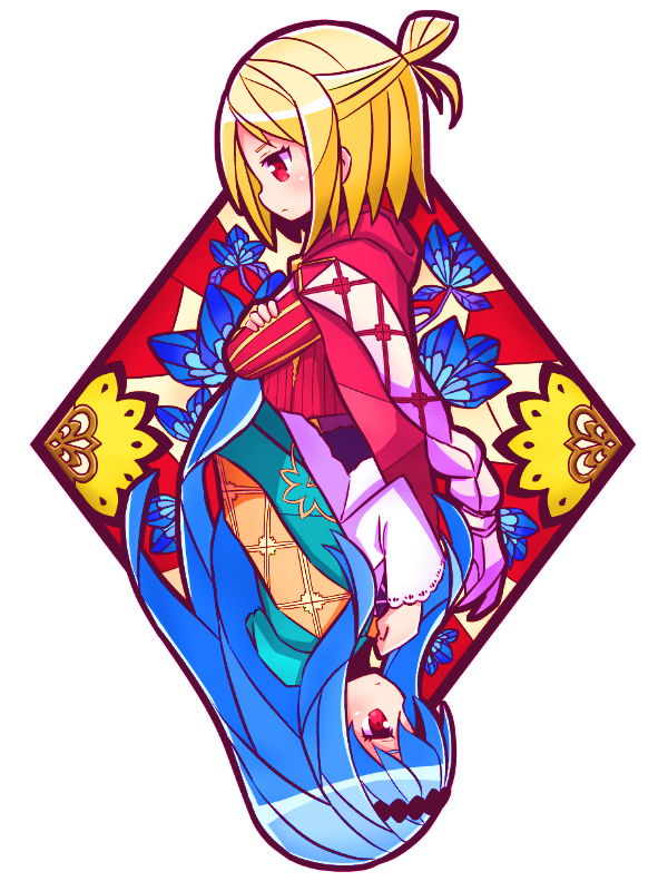 2girls, 7th_dragon_(series), 7th_dragon_iii, aitelle, black_hairband, blonde_hair, blue_flower, blue_hair