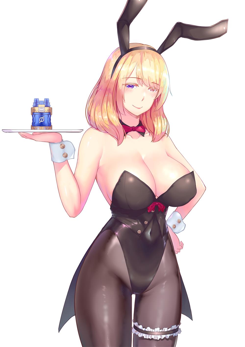 1girl, animal_ears, bare_shoulders, black_leotard, black_pantyhose, blonde_hair, blue_eyes, bow