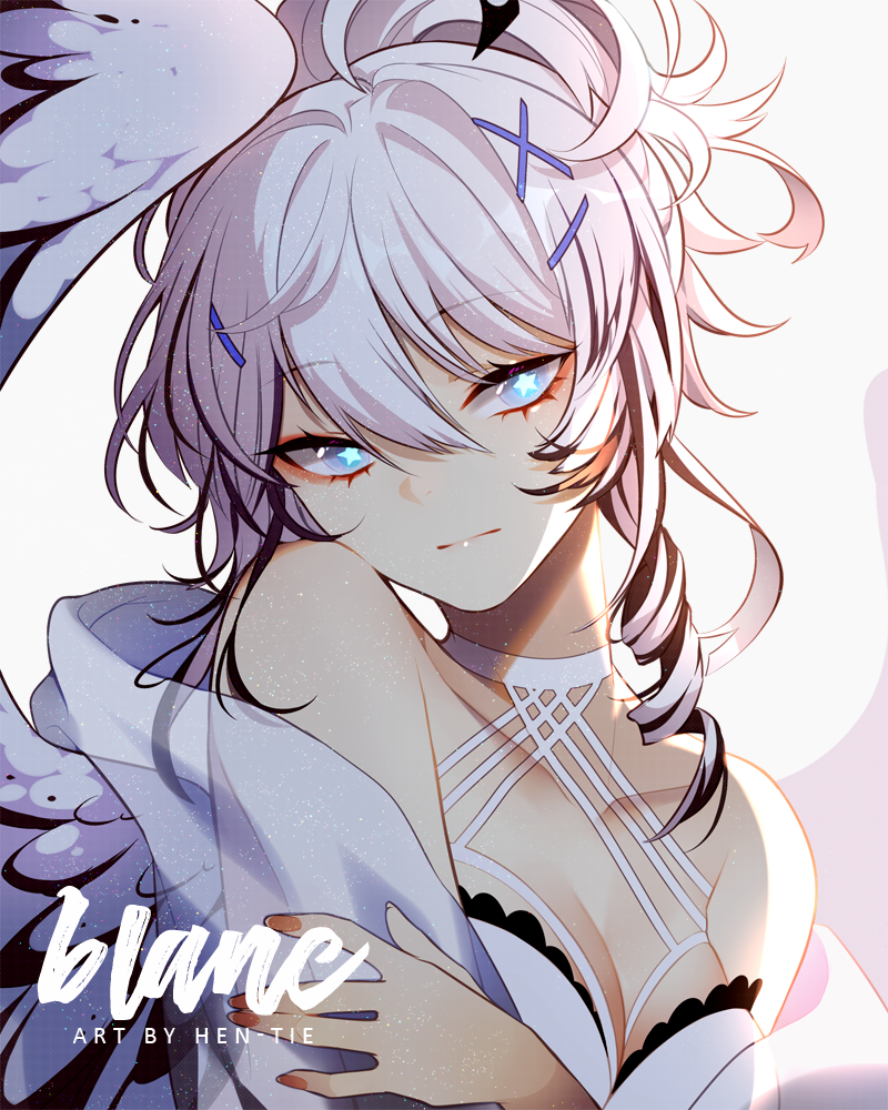 1girl, ahoge, artist_name, bare_shoulders, bird, blanc_(hen-tie), blue_eyes, blush, breasts, character_name, cleavage, collarbone, commentary, drill_hair, expressionless, eyeshadow, female_focus, hagoromo, hair_ornament, hair_up, hairclip, halterneck, hen-tie, long_hair, looking_at_viewer, makeup, medium_breasts, nail_polish, original, self_hug, shawl, sidelocks, solo, star-shaped_pupils, star_(symbol), swimsuit, symbol-shaped_pupils, upper_body, white_background, white_hair, x_hair_ornament