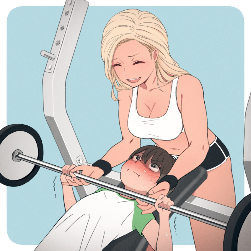 1boy, 1girl, :i, ^^^, ^_^, age_difference, barbell, bare_arms, bare_shoulders, bench_press, black_shorts, blonde_hair, blue_background, blush, breasts, brother_and_sister, brown_hair, child, cleavage, closed_eyes, collarbone, commentary_request, constricted_pupils, dolphin_shorts, dumbbell, exercising, hair_between_eyes, highres, kemuri_haku, long_hair, lying, medium_breasts, micro_shorts, midriff, navel, nose_blush, on_back, onee-shota, open_mouth, original, raglan_sleeves, shirt, short_hair, short_sleeves, shorts, shota, siblings, smile, sports_bra, standing, stomach, sweat, swept_bangs, teeth, thighs, trembling, two-tone_background, weightlifting, white_background, white_shirt, wristband