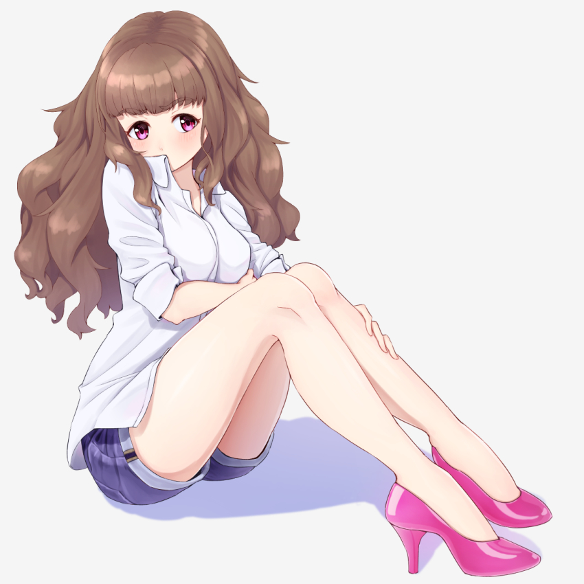 1girl, blue_shorts, blunt_bangs, brown_hair, cinderella_girls_gekijou, collarbone, covered_mouth, dress_shirt, female_focus, fluffy, fluffy_hair, grey_background, high_heels, idolmaster, idolmaster_cinderella_girls, idolmaster_cinderella_girls_starlight_stage, kamiya_nao, long_hair, looking_at_viewer, ntn00a, pink_shoes, puffy_hair, pumps, red_eyes, shirt, shoes, short_shorts, shorts, simple_background, sitting, solo, very_long_hair, white_shirt
