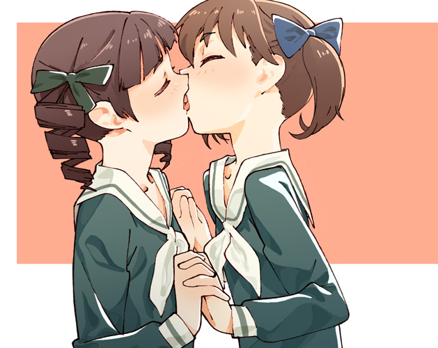 00s, 2girls, bow, brown_hair, couple, drill_hair, closed_eyes, female_focus, french_kiss, fukuzawa_yumi, hair_bow, hair_ornament, holding_hands, kiss, maria-sama_ga_miteru, matsudaira_touko, multiple_girls, nse, ribbon, school_uniform, serafuku, tongue, twintails, yuri