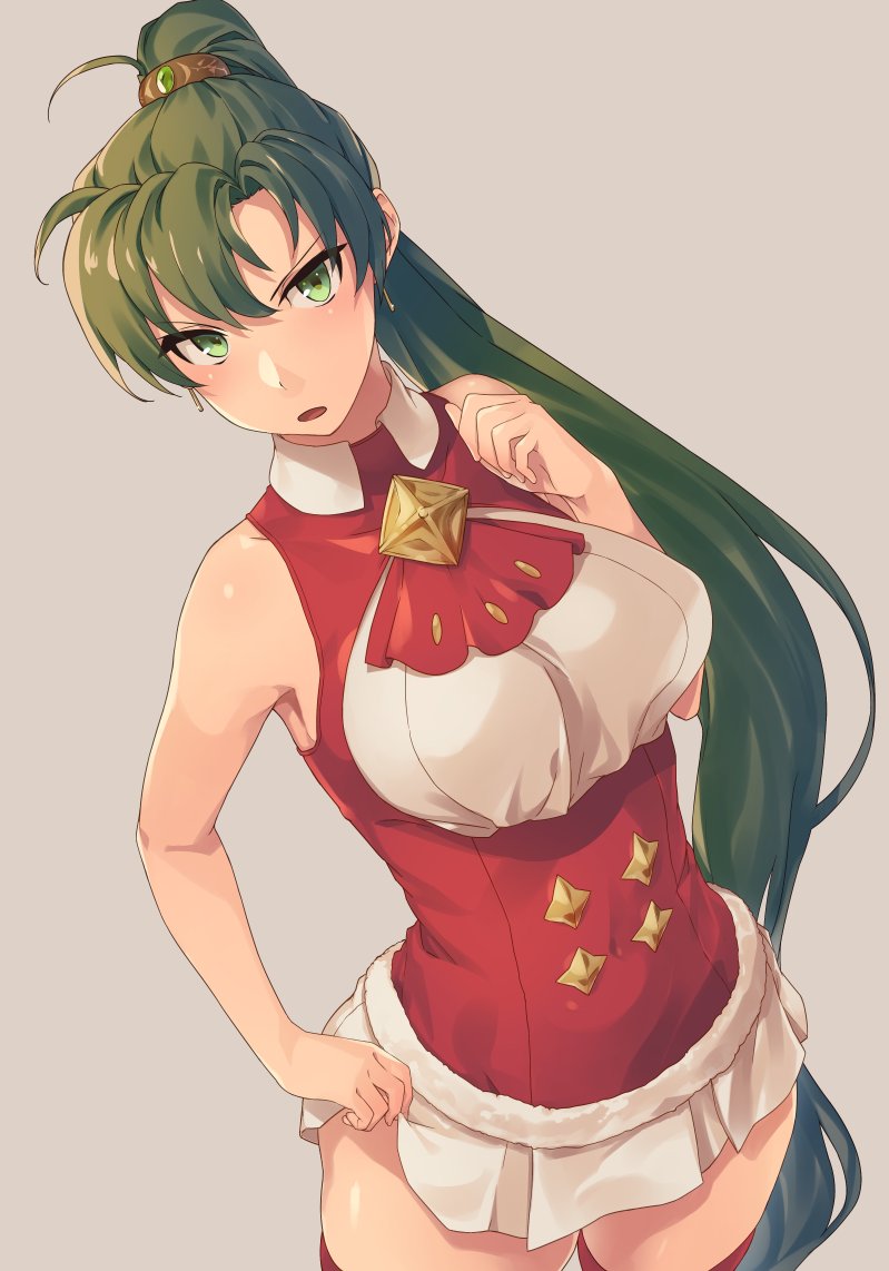 1girl, breasts, cosplay, earrings, eirika_(fire_emblem), eirika_(fire_emblem)_(cosplay), eirika_(winter)_(fire_emblem), female_focus, fire_emblem, fire_emblem:_the_blazing_blade, fire_emblem:_the_sacred_stones, fire_emblem_heroes, fur_trim, green_eyes, green_hair, jewelry, long_hair, lyn_(fire_emblem), medium_breasts, nintendo, parted_lips, ponytail, sajittari, simple_background, skirt, sleeveless, solo, white_background