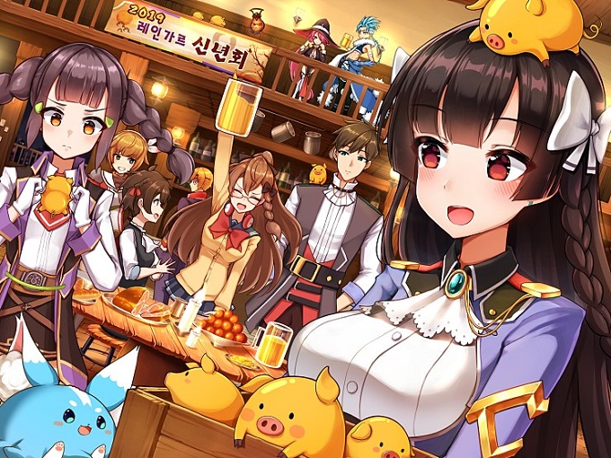 3boys, 5girls, :d, alcohol, arkasus, artist_request, azalea_(epic_seven), bar_(place)