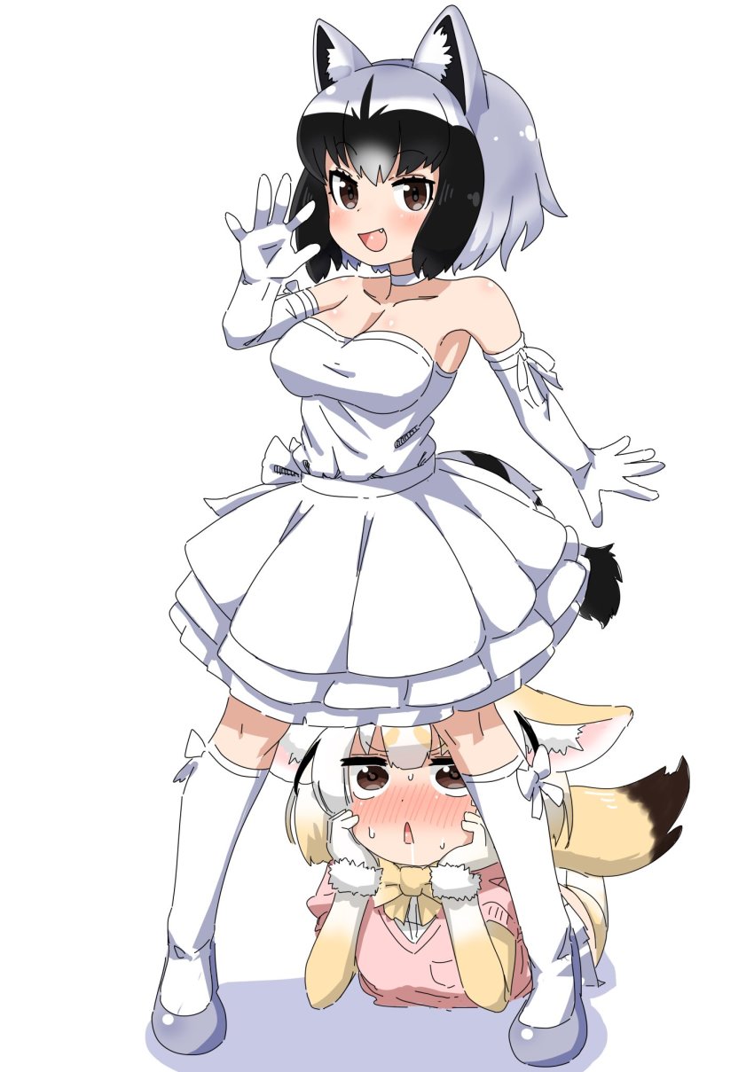 2girls, animal_ears, bad_id, bad_twitter_id, blush, bow, bowtie, breasts, choker, cleavage, common_raccoon_(kemono_friends), dress, drooling, elbow_gloves, fang, female_pervert, fennec_(kemono_friends), fox_ears, fox_tail, fur_collar, gloves, grey_hair, highres, implied_pantyshot, inaba31415, kemono_friends, kneehighs, large_breasts, looking_at_viewer, lying, multiple_girls, on_stomach, open_mouth, pervert, pink_sweater, raccoon_ears, raccoon_tail, simple_background, socks, standing, striped_tail, sweat, sweater, tail, white_background, white_dress, white_gloves