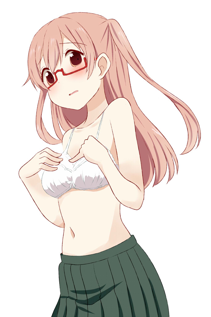 1girl, agenasu, blush, bra, brown_eyes, commentary, embarrassed, female_focus