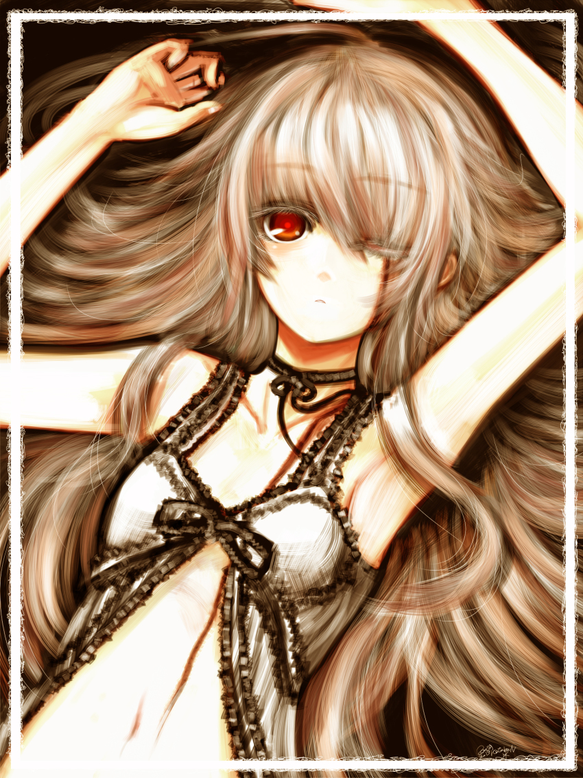 1girl, armpits, arms_up, babydoll, brown_hair, chemise, choker, colored_eyelashes