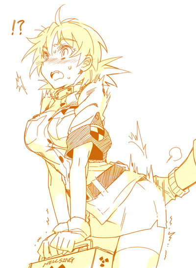 !?, 1girl, belt, blush, breast_pocket, breasts, copyright_name, fang