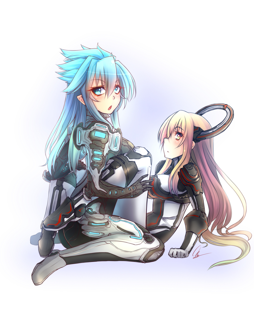 2girls, :o, aqua_hair, between_legs, blonde_hair, blue_eyes, bodysuit, breasts, chroma_(warframe), closed_mouth, commentary, full_body, hair_between_eyes, hands_on_another's_thighs, headgear, highres, large_breasts, long_hair, looking_at_viewer, medium_breasts, multiple_girls, open_mouth, patton_(cross-bones-t), pointy_ears, simple_background, sitting, trinity_(warframe), warframe, white_background, yellow_eyes, yuri