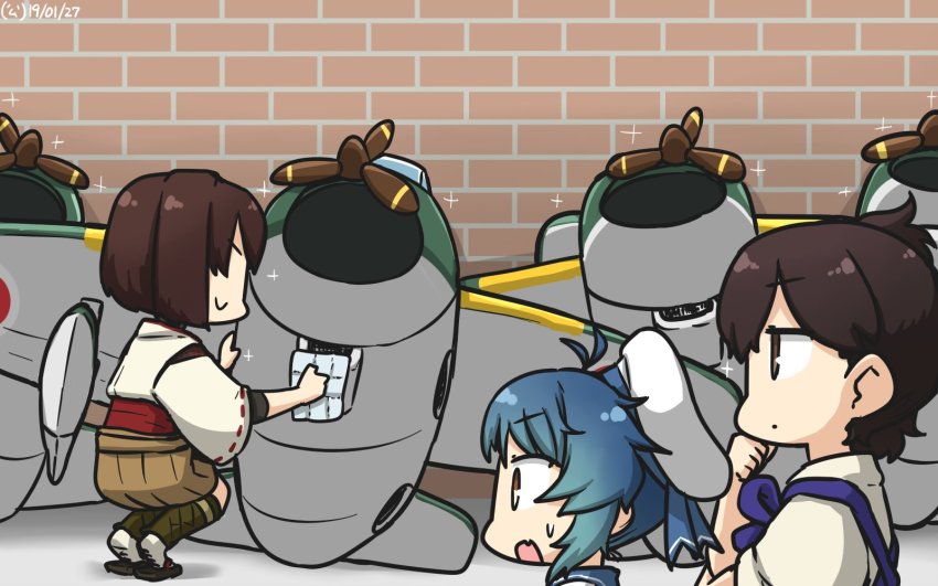 3girls, airplane_costume, blue_hair, blue_sailor_collar, brick_wall, brown_eyes, brown_hair, brown_hakama