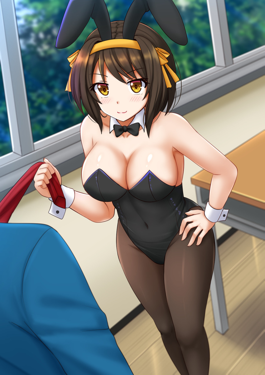 1girl, animal_ears, bare_shoulders, black_leotard, blue_jacket, blurry, blurry_background, blush, breasts, brown_eyes, brown_hair, brown_pantyhose, cleavage, closed_mouth, clothes_grab, commentary, commission, covered_navel, day, depth_of_field, desk, english_commentary, fake_animal_ears, feet_out_of_frame, hairband, hand_on_own_hip, highres, indoors, jacket, kazenokaze, kyon, large_breasts, leotard, looking_at_viewer, necktie, necktie_grab, necktie_pull, neckwear_grab, orange_hairband, pantyhose, playboy_bunny, pulling, pulling_another's_clothes, rabbit_ears, red_necktie, school_desk, school_uniform, shiny_floor, smile, solo_focus, standing, strapless, strapless_leotard, suzumiya_haruhi, suzumiya_haruhi_no_yuuutsu, window, wooden_floor, wrist_cuffs